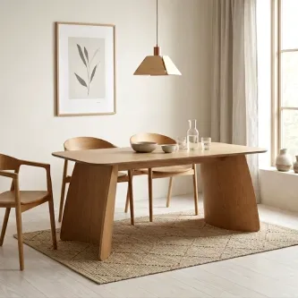 Mesa de jantar Vitaro em madeira clara com duas cadeiras e candeeiro pendente