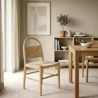 Cadeira Vilta em madeira clara com encosto trançado e assento estofado junto a mesa
