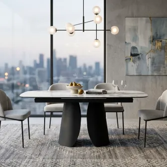 Mesa extensível Filar com tampo oval branco e base escura, cadeiras cinza.