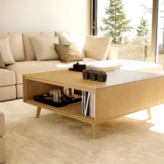 Mesa de centro quadrada nórdica em madeira clara com prateleira inferior e pés inclinados