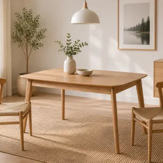 Mesa extensível Kenna em madeira clara com tampo arredondado e vaso decorativo