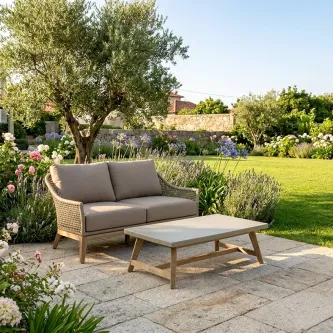 Sofá de jardim Atesso de dois lugares com almofadas e mesa baixa num terraço ajardinado