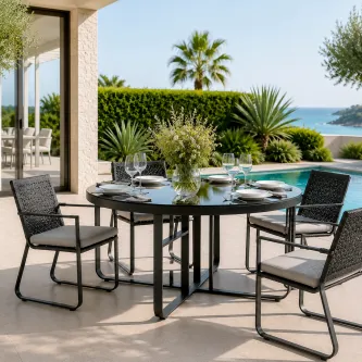 Mesa de jardim redonda Star em metal com quatro cadeiras, junto a piscina e vista mar
