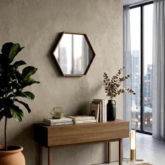 Espelho hexagonal com moldura em madeira sobre aparador moderno e decoração minimalista