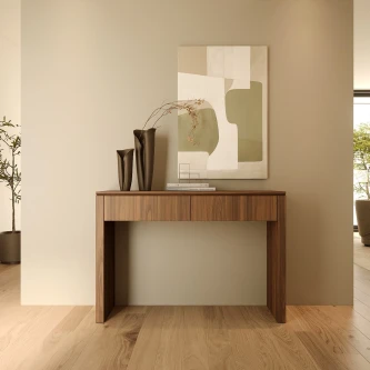 Consola Dual New em madeira com vasos decorativos e quadro abstrato