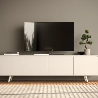 Móvel TV Tivoli com pés brancos, televisão de ecrã plano e planta decorativa