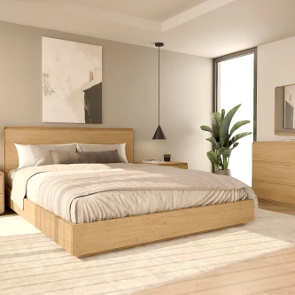 Quarto de casal Tivoli com cama de madeira, cabeceira baixa, candeeiro suspenso e planta