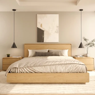 Cama de casal Tivoli em madeira clara, cabeceira recta e roupa de cama neutra