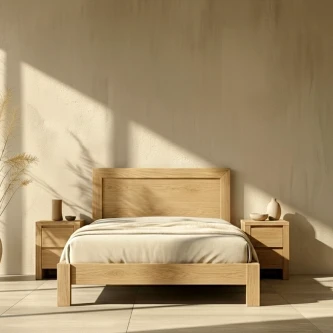 Cama de casal Valte em madeira clara com duas mesas de cabeceira combinantes