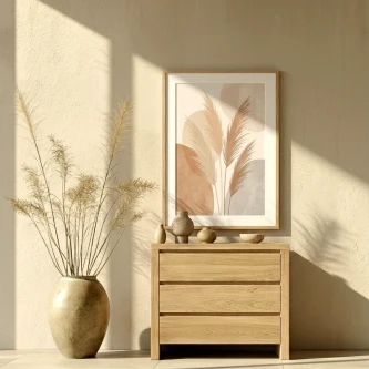 Cómoda Valte em madeira clara com três gavetas, quadro com folhagem e vasos decorativos