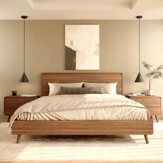 Cama de casal Tivoli em madeira com pés inclinados e mesas de cabeceira