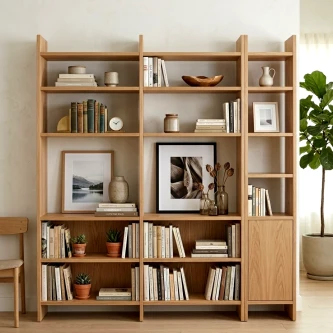 Estantes Livreiro Miraldo em madeira clara com livros, plantas e objetos decorativos