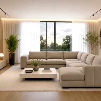 Sofá de canto Novila bege com chaise longue numa sala luminosa e minimalista