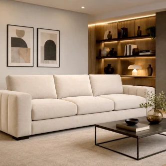 Sofá de três lugares Novila creme numa sala moderna com mesa de centro e prateleiras iluminadas