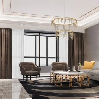 Candeeiro de teto Stellar dourado com pendentes de vidro numa sala moderna