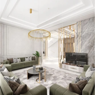 Candeeiro de teto Stellar D80 dourado circular com franjas em sala contemporânea