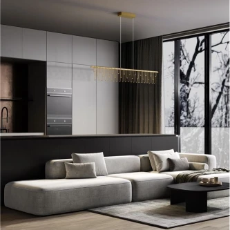 Candeeiro de teto Stellar Line suspenso linear dourado sobre sofá moderno