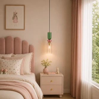 Candeeiro suspensomurano de vidro verde e rosa junto a mesa de cabeceira num quarto rosa