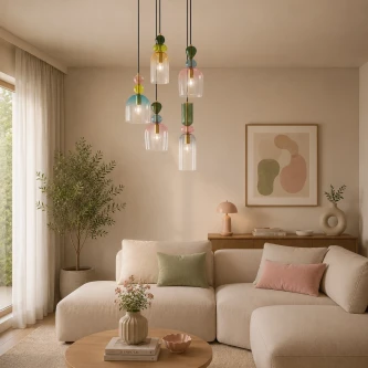 Candeeiro de teto Murano em vidro colorido com cinco pendentes sobre sofá
