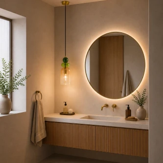 Candeeiro suspenso Murano verde sobre lavatório numa casa de banho minimalista
