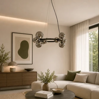 Candeeiro de teto Odillia D65 com globos de vidro fumado suspenso sobre sofá