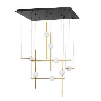 Candeeiro Acrobat B com hastes douradas e globos brancos suspenso de placa preta