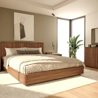 Quanto Casal Aura cama plataforma de madeira com roupa neutra, mesa de cabeceira e planta