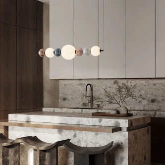 Candeeiro de tecto dazz linear com globos opacos e detalhes em madeira, suspenso sobre ilha