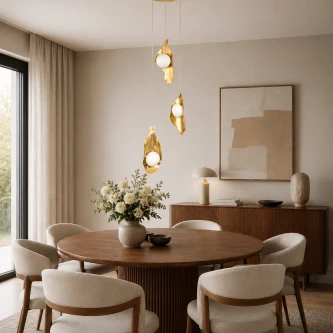 Candeeiro de teto Malory 3L dourado com três globos pendentes sobre mesa de jantar redonda
