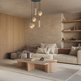 Candeeiro de teto Melony com três pendentes de vidro e um tubo sobre sala minimalista