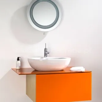 Movel casa de banho direita mural laranja com lavatório branco e espelho redondo