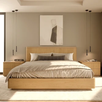 Cama de casal Aura em madeira clara com luzes pendentes