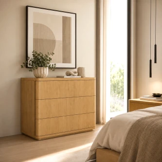 Cómoda Aura em madeira clara de três gavetas com vaso e quadro minimalista