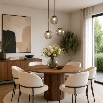 Candeeiro de teto Abbacus com três globos de vidro suspensos sobre mesa