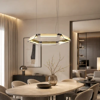 Candeeiro de teto Apnea hexagonal suspenso com luzes LED sobre mesa de jantar