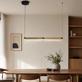 Candeeiro de teto Apnea Line suspenso linear com duas barras de luz sobre mesa de jantar