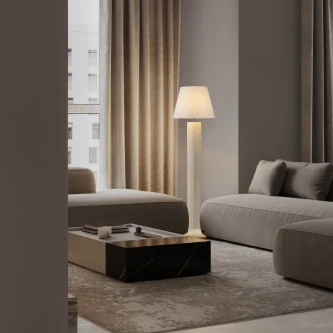 Candeeiro de pé Bacco iluminando canto de sala com sofá e mesa baixa