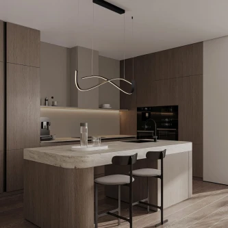 Candeeiro de teto Brio pendente em laço ondulado sobre ilha de cozinha moderna