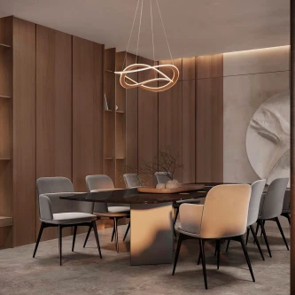 Candeeiro de teto Celestia Gold dourado em anéis suspenso sobre mesa de jantar