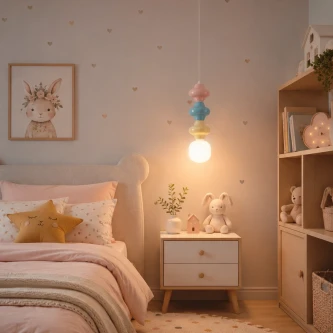 Candeeiro suspenso Clio Blue com formas azuis e rosa sobre mesa de cabeceira num quarto infantil
