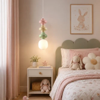 Candeeiro suspenso Clio Green verde com globos sobre mesa de cabeceira em quarto infantil