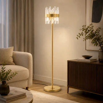 Candeeiro de pé Crown dourado com lâmpadas e tubos de vidro em camadas