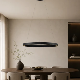 Candeeiro de teto Deos circular preto suspenso com iluminação LED sobre mesa de jantar