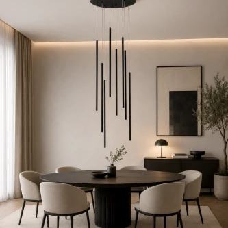 Candeeiro de teto Elettra D40 preto, hastes finas suspensas sobre mesa de jantar
