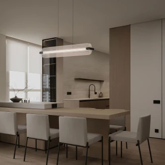 Candeeiro de teto Emery Line linear suspenso sobre mesa de jantar em cozinha moderna