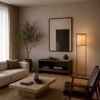 Candeeiro de pé erto junto ao móvel baixo numa sala minimalista
