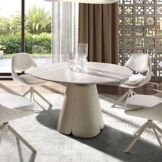 Mesa redonda extensível Zafira branca com base pedestal e quatro cadeiras estofadas