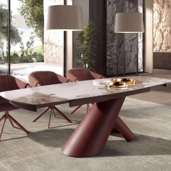 Mesa de jantar extensível barril com tampo branco mármore e base cilíndrica cruzada