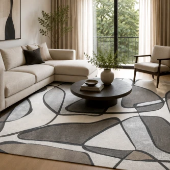 Tapete Orbit com padrão abstrato cinzento e preto numa sala de estar luminosa
