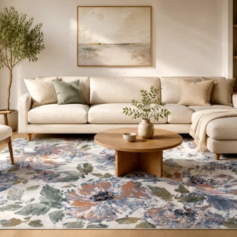 Tapete Petal floral azul e terracota sobre soalho numa sala com sofá bege e mesa baixa.